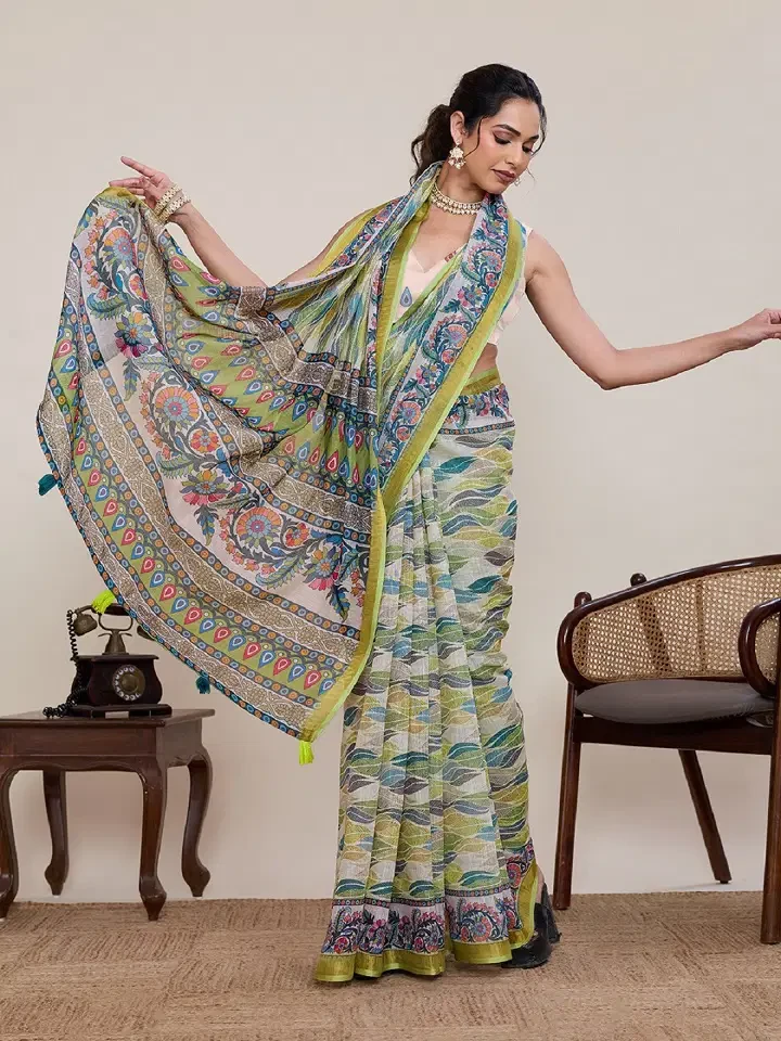Maahi 216 Linen Printed with Zari Lace Saree Collection