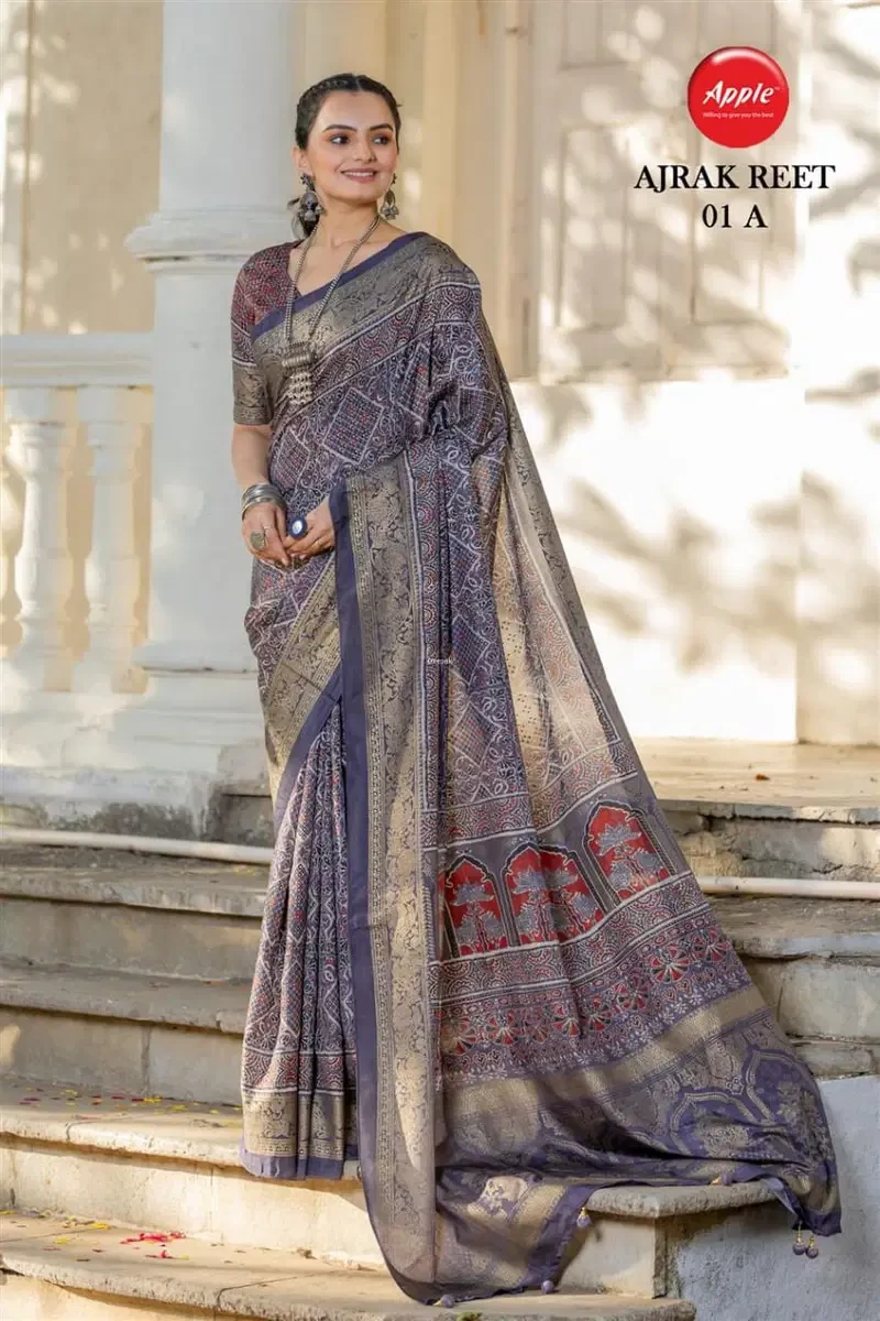 Apple Ajrak Reet Viscose Silk Lavender Printed Saree Collection