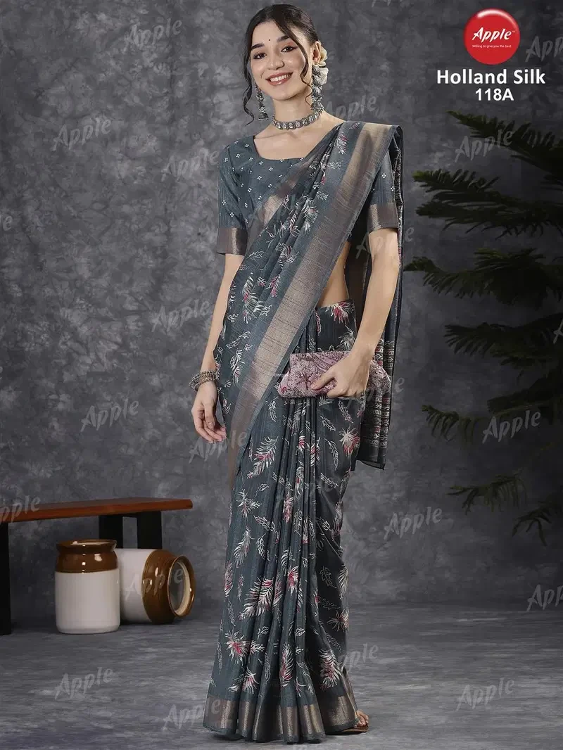 Apple Holland Silk 118 Silk Blend Charcoal Grey Printed Designer Saree Collection
