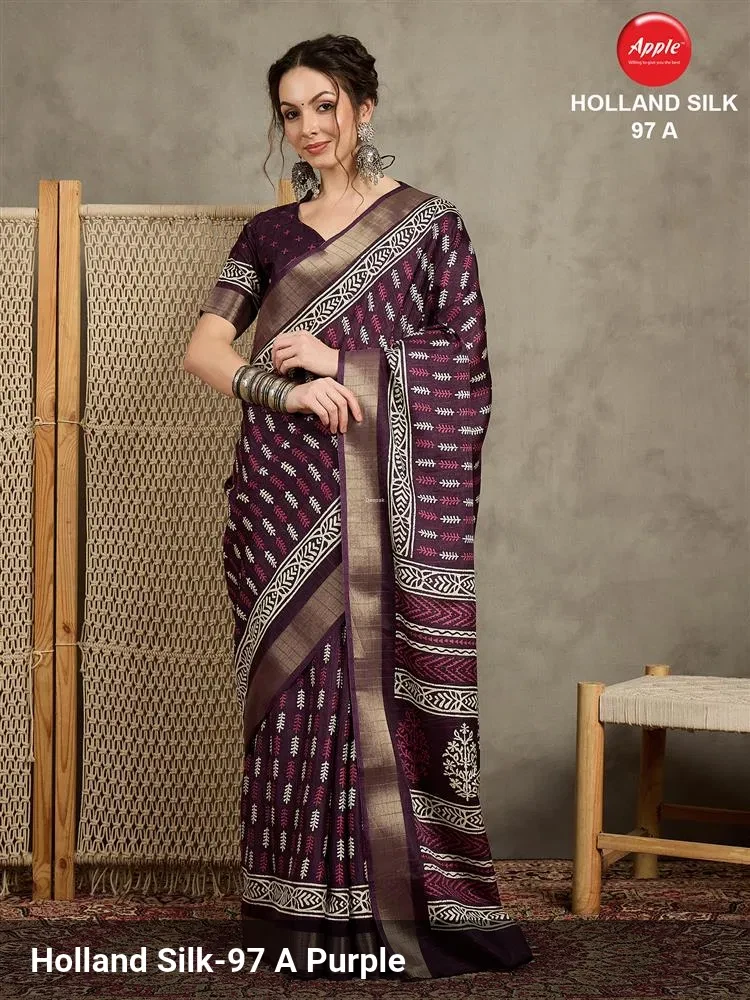Apple Holland Silk 97 Silk Blend Purple Printed Fancy Saree Collection