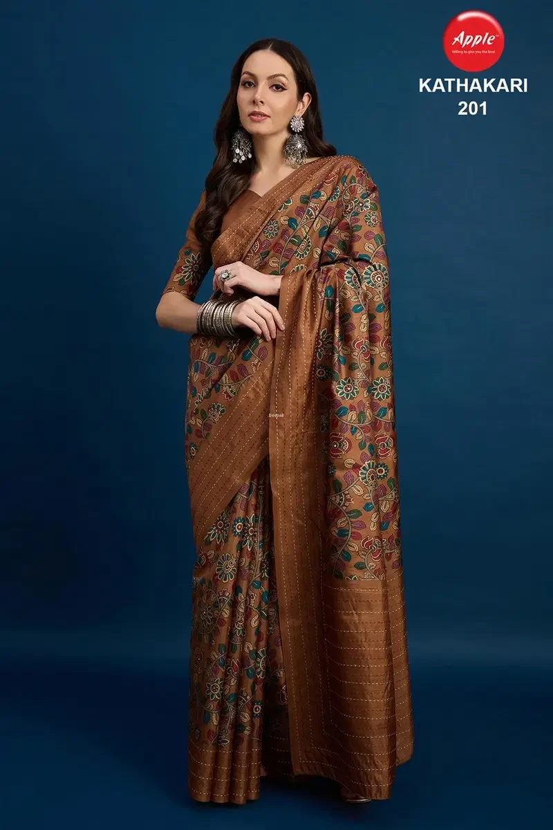 Apple Kathakari Vol 2 Silk Blend Brown Printed Saree Collection