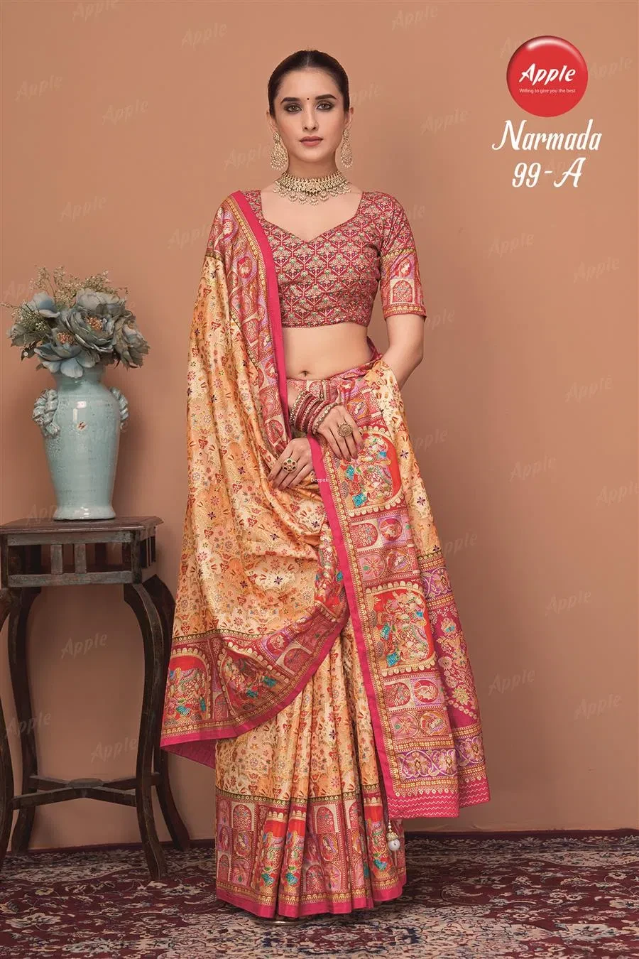 Apple Narmada 99 Viscose Silk Beige Printed Designer Saree Collection