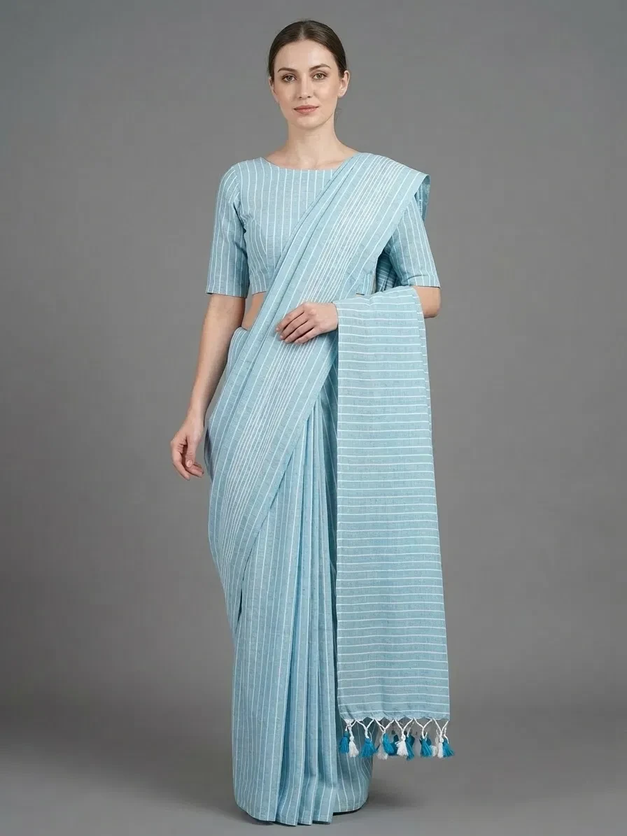Sccf Stripes Khadi Cotton Printed Saree Collection