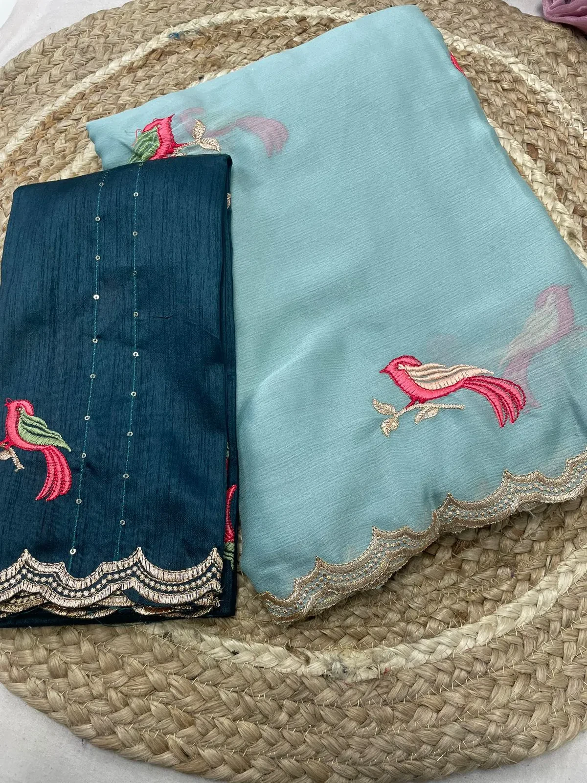 Shaligram Ah Chiffon Embroidery Birds Worked Fancy Saree Collection