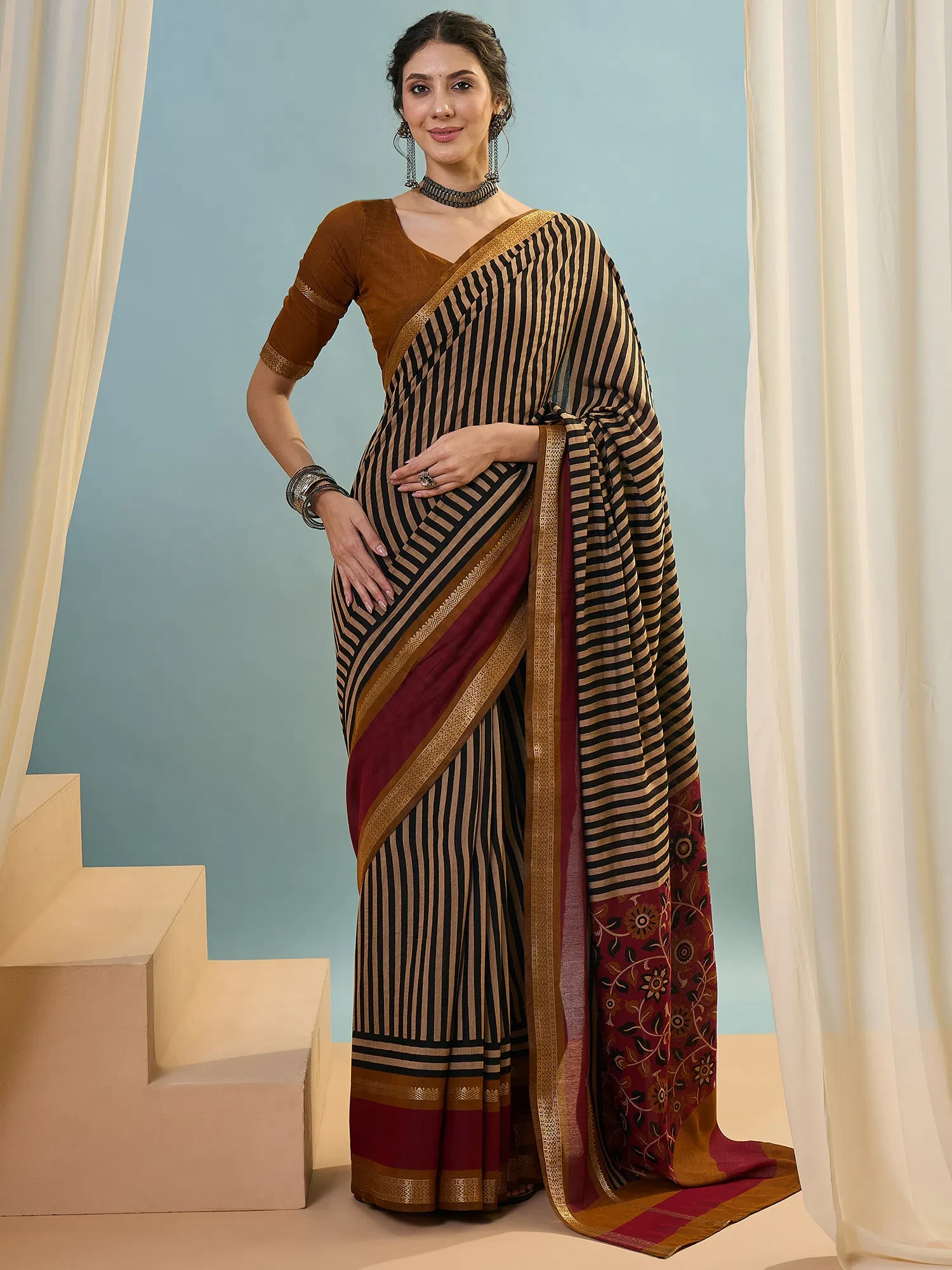 Tara 5001 to 5005 Pv Cotton Stripe Printed Saree Collection