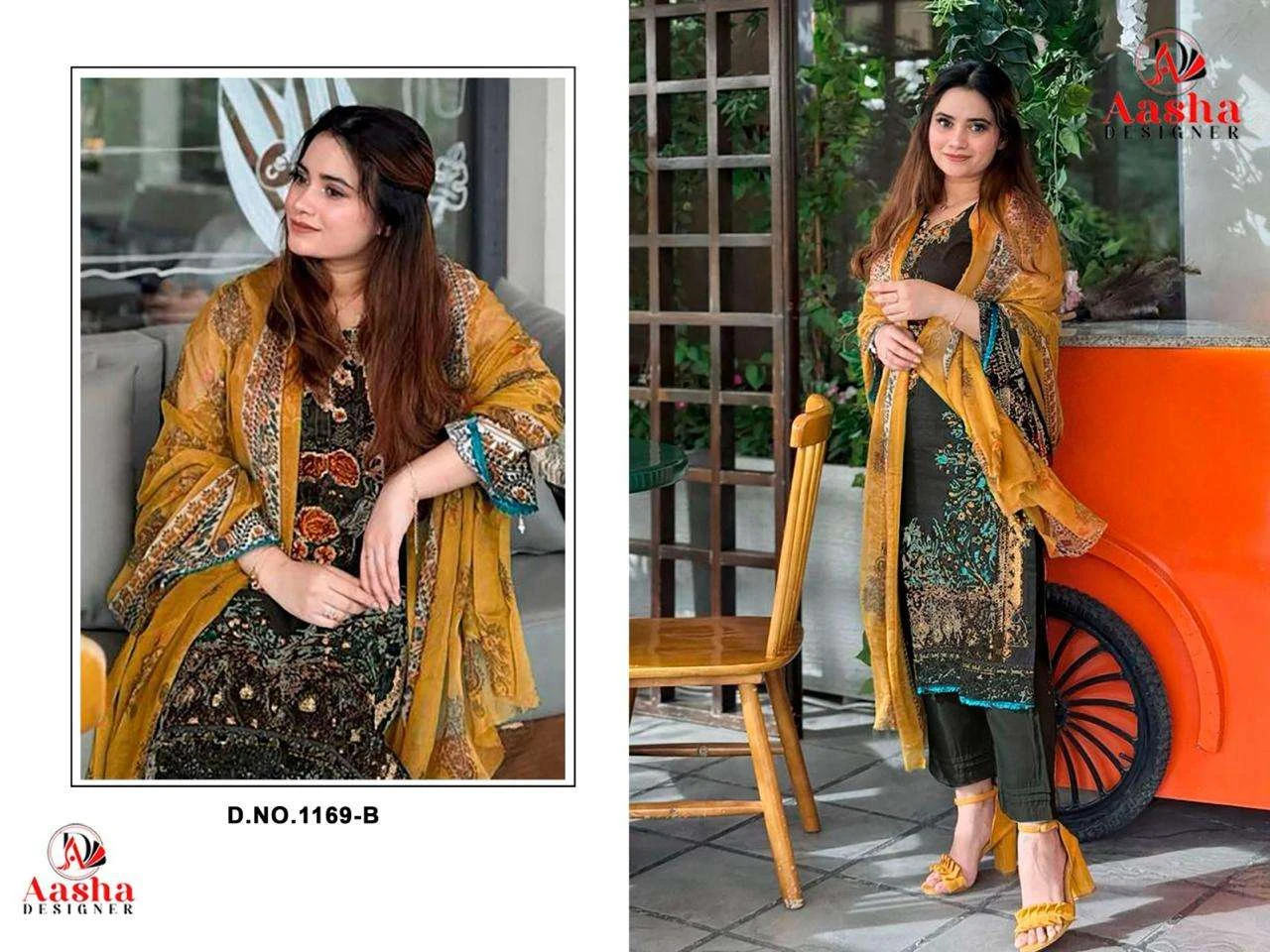Aasha Designer D No 1169 wholesale Pakistani suits catalog with cotton top semi lawn bottom and chiffon dupatta