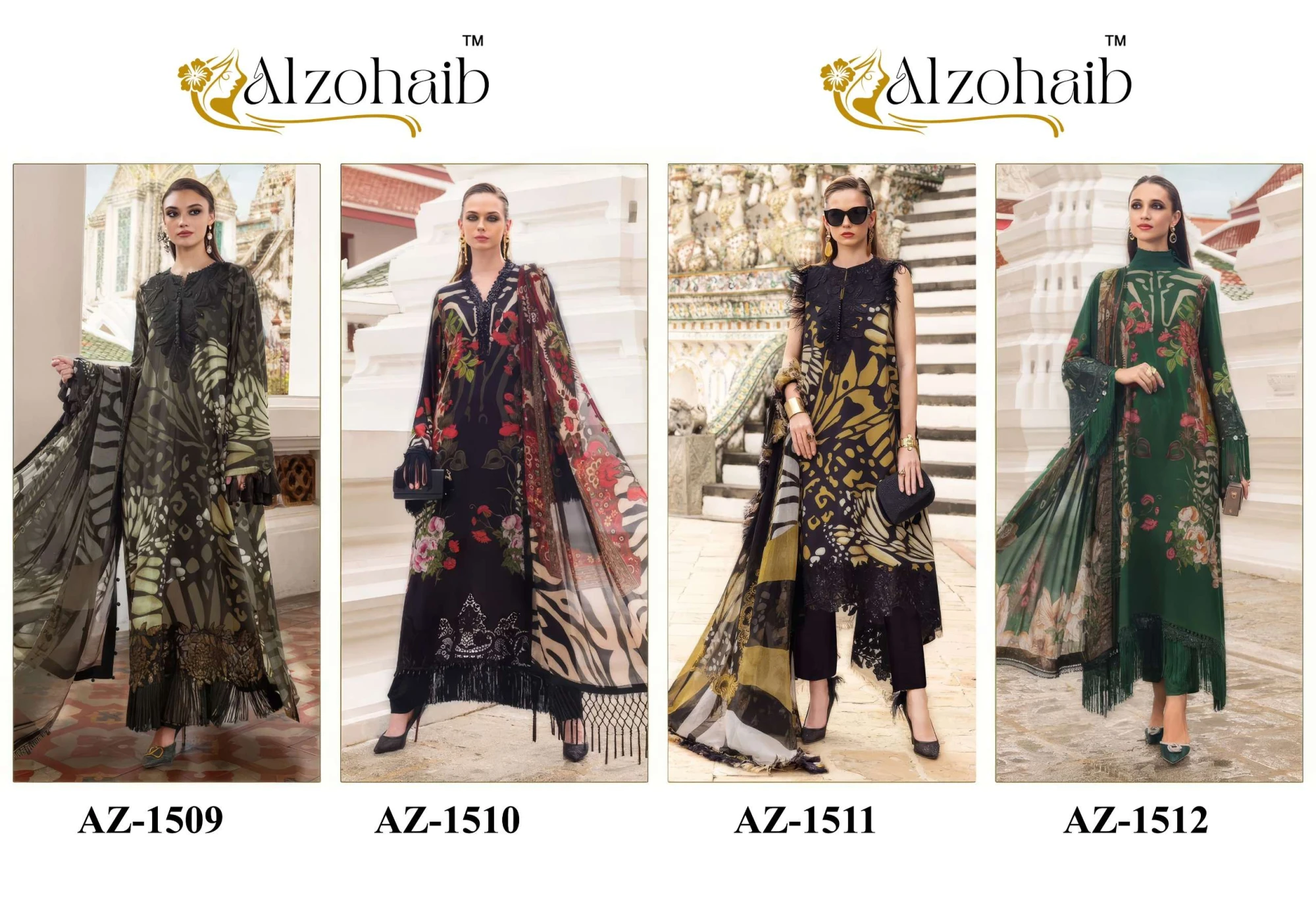 Al Zohaib AZ 1509 Pakistani suits wholesale cotton catalog with stylish printed designs and chiffon dupatta