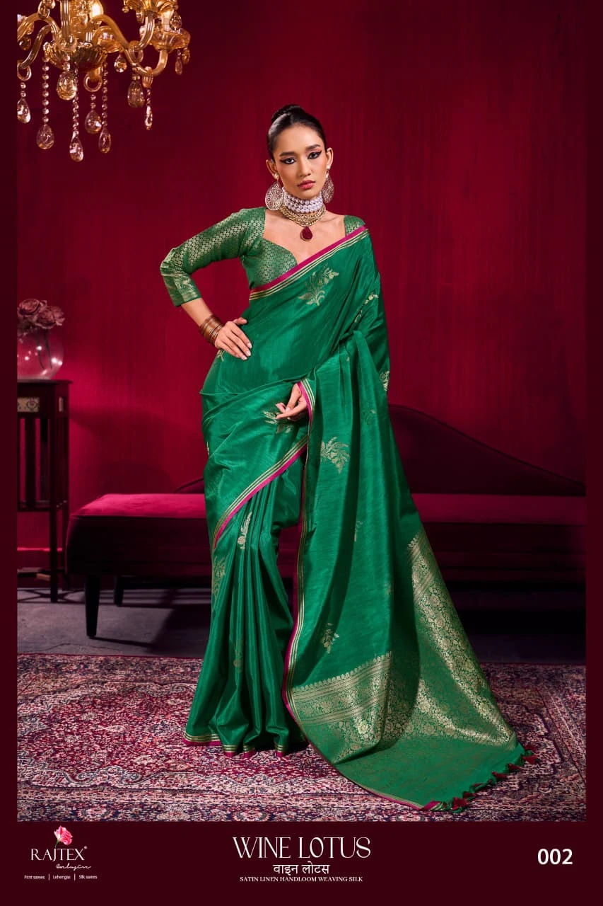Rajtex Wine Lotus Satin Linen Handloom Weaving Silk Saree Collection