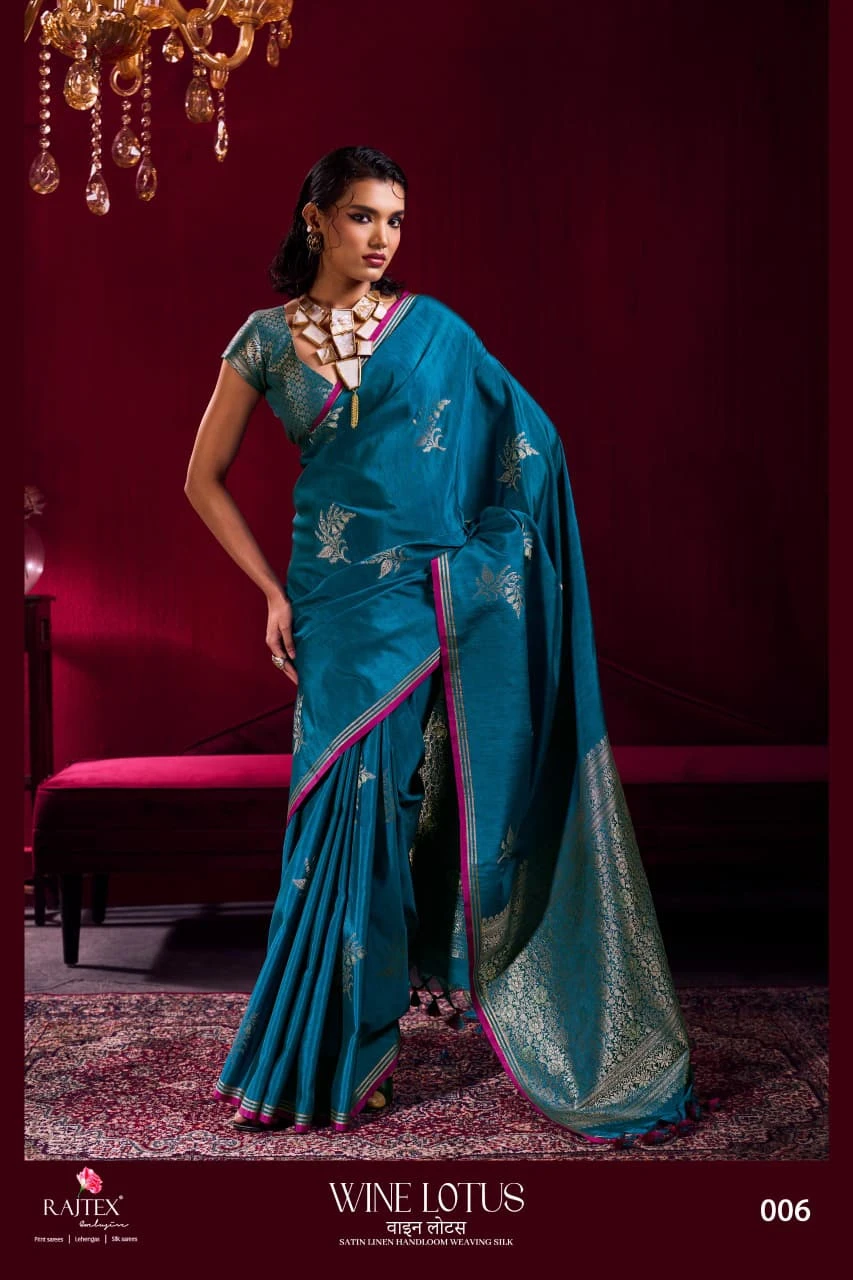 Rajtex Wine Lotus Satin Linen Handloom Weaving Silk Saree Collection
