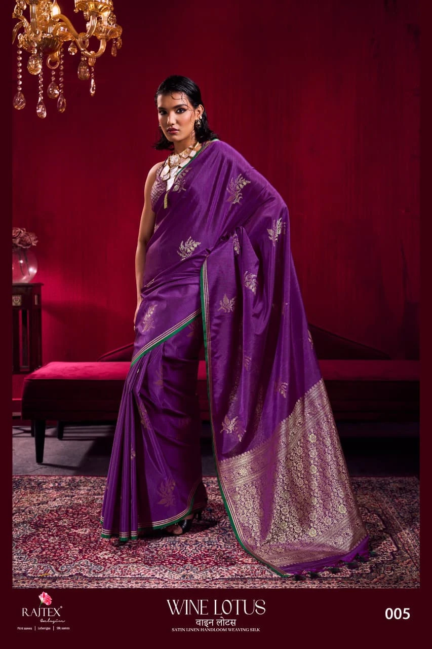 Rajtex Wine Lotus Satin Linen Handloom Weaving Silk Saree Collection
