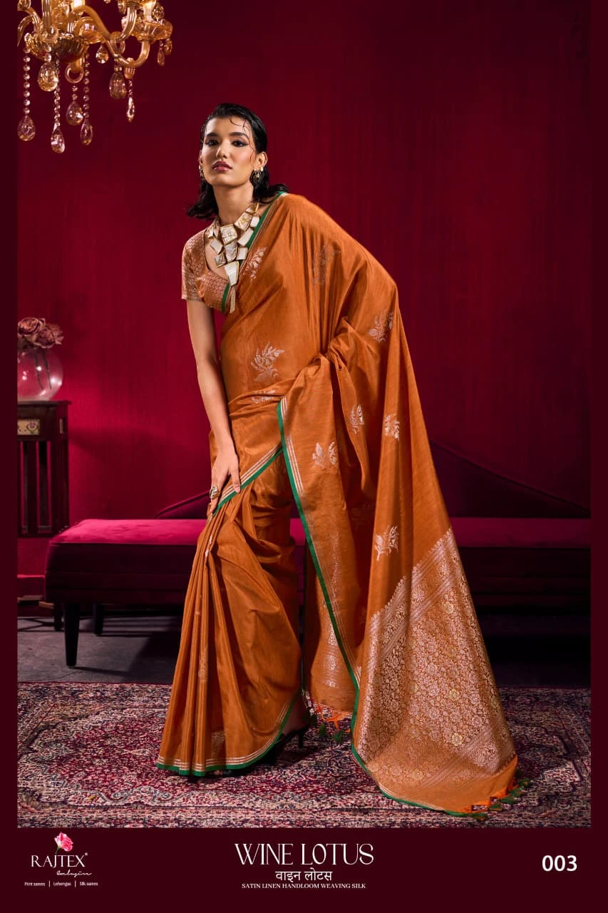 Rajtex Wine Lotus Satin Linen Handloom Weaving Silk Saree Collection