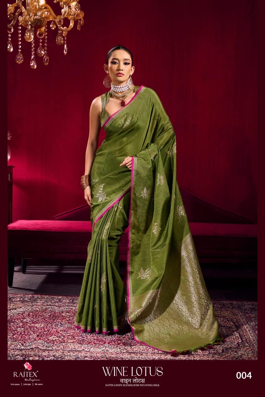 Rajtex Wine Lotus Satin Linen Handloom Weaving Silk Saree Collection
