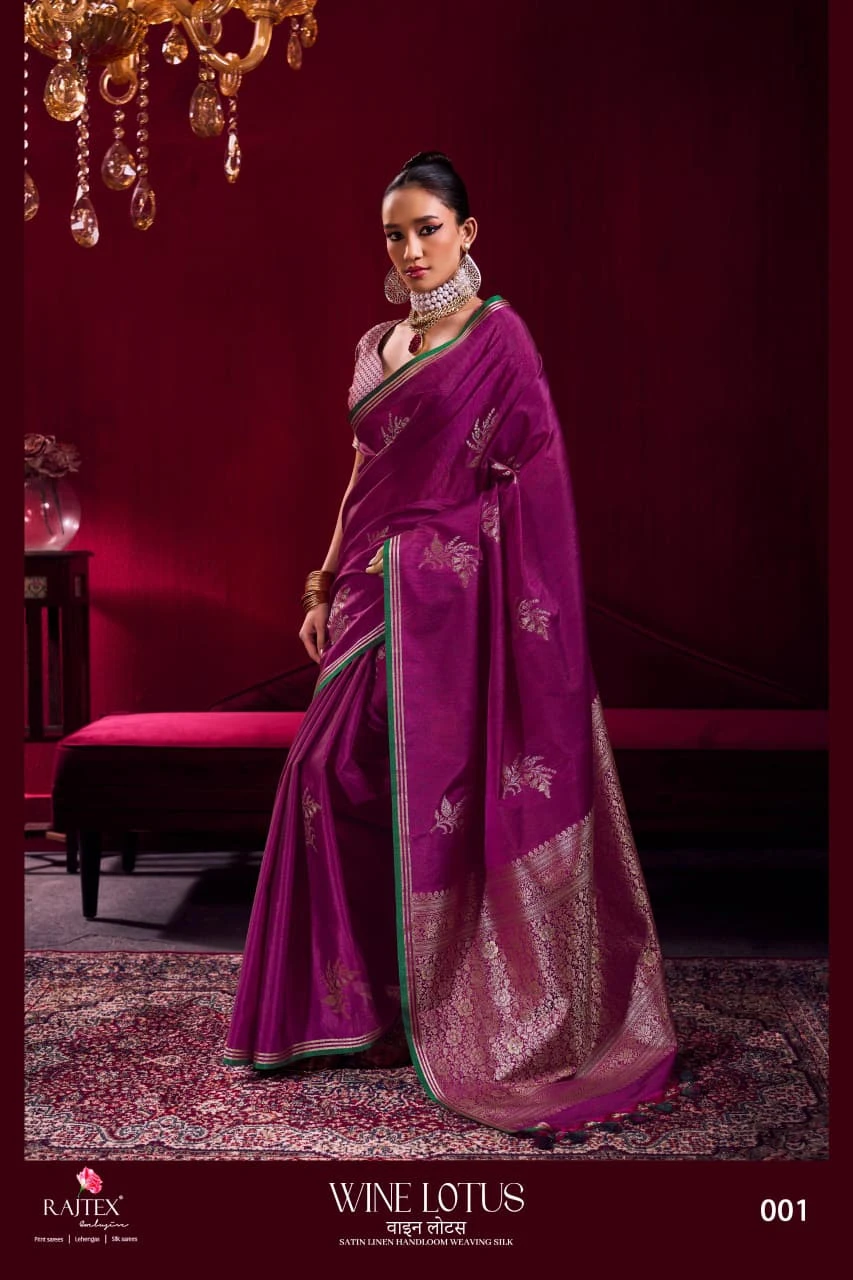 Rajtex Wine Lotus Satin Linen Handloom Weaving Silk Saree Collection
