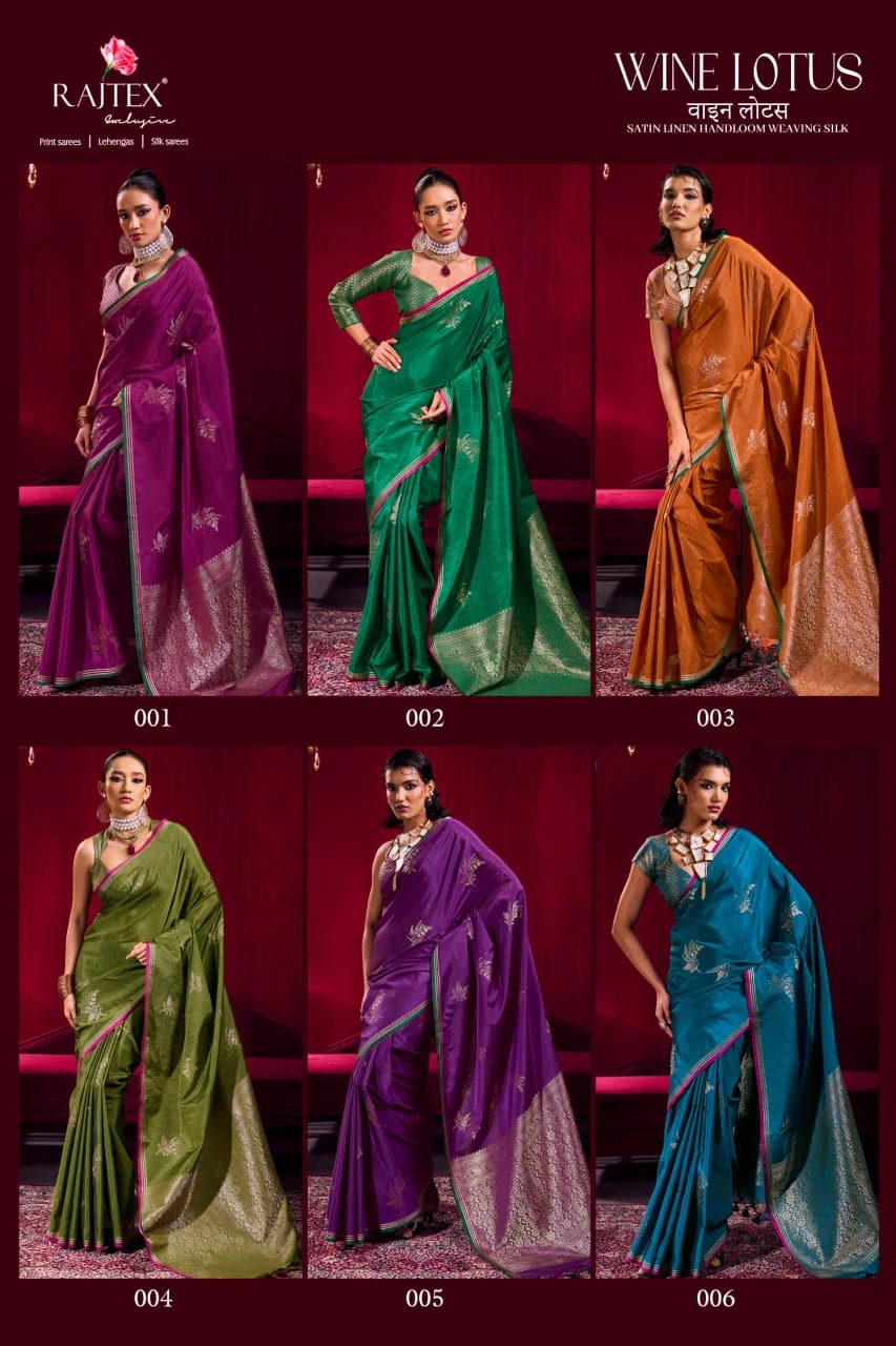 Rajtex Wine Lotus Satin Linen Handloom Weaving Silk Saree Collection