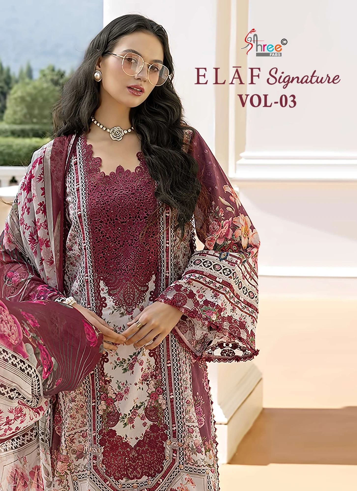 Wholesale Pakistani suits by Shree Fab Elaf Signature Vol 3 at 875 INR per piece. Cotton top, semi lawn bottom, dupatta. 8 pcs catalog available.