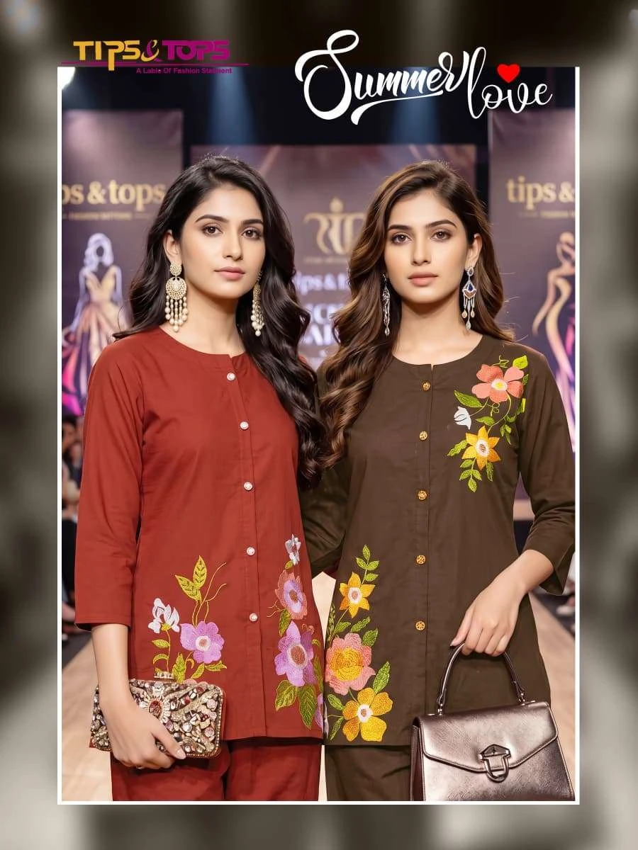 Tips and Tops Summer Love wholesale cotton kurti set catalog with floral printed top and matching bottom collection