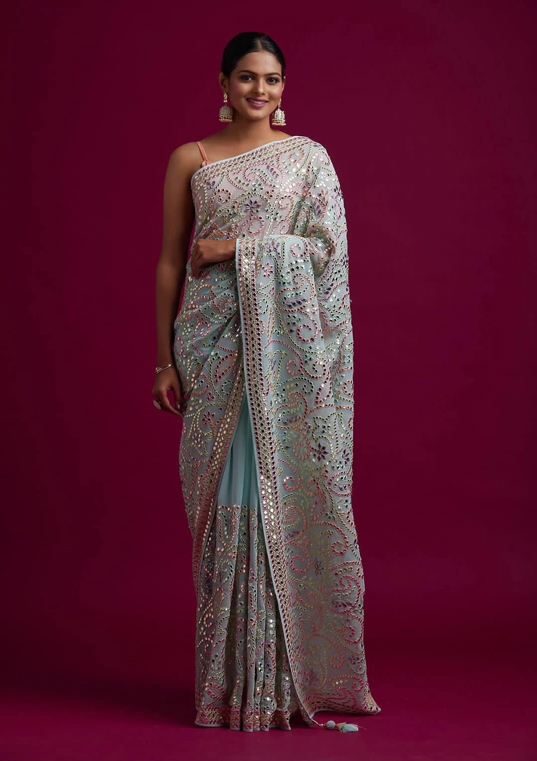Bt 440 Beautiful Vichitra Silk Multi Colour Embroidered Saree Collection