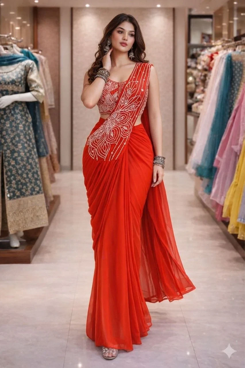 Bt 7158 Georgette Embroidery Worked Ready to Wear Saree Collection
