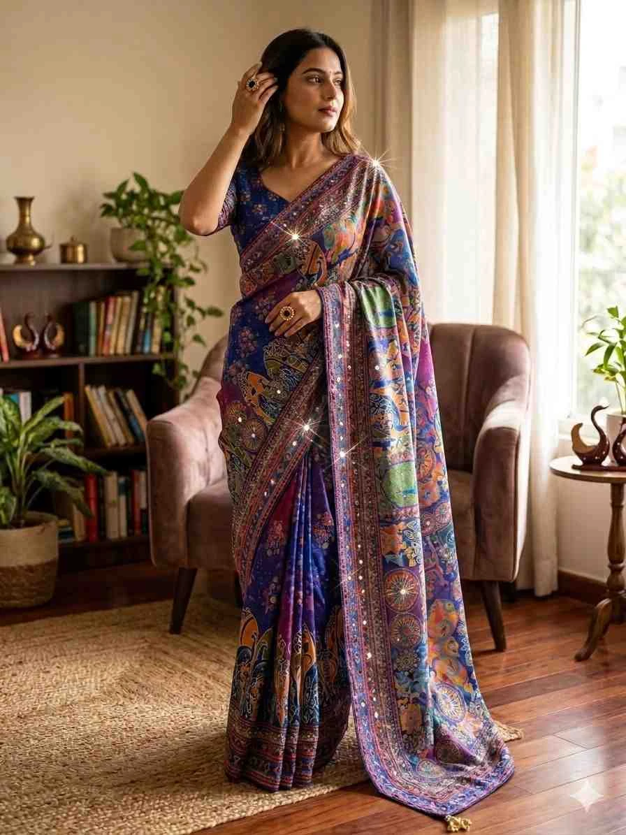 Kc 2132 Soft Chinon Printed Mirror Worked Saree Collection