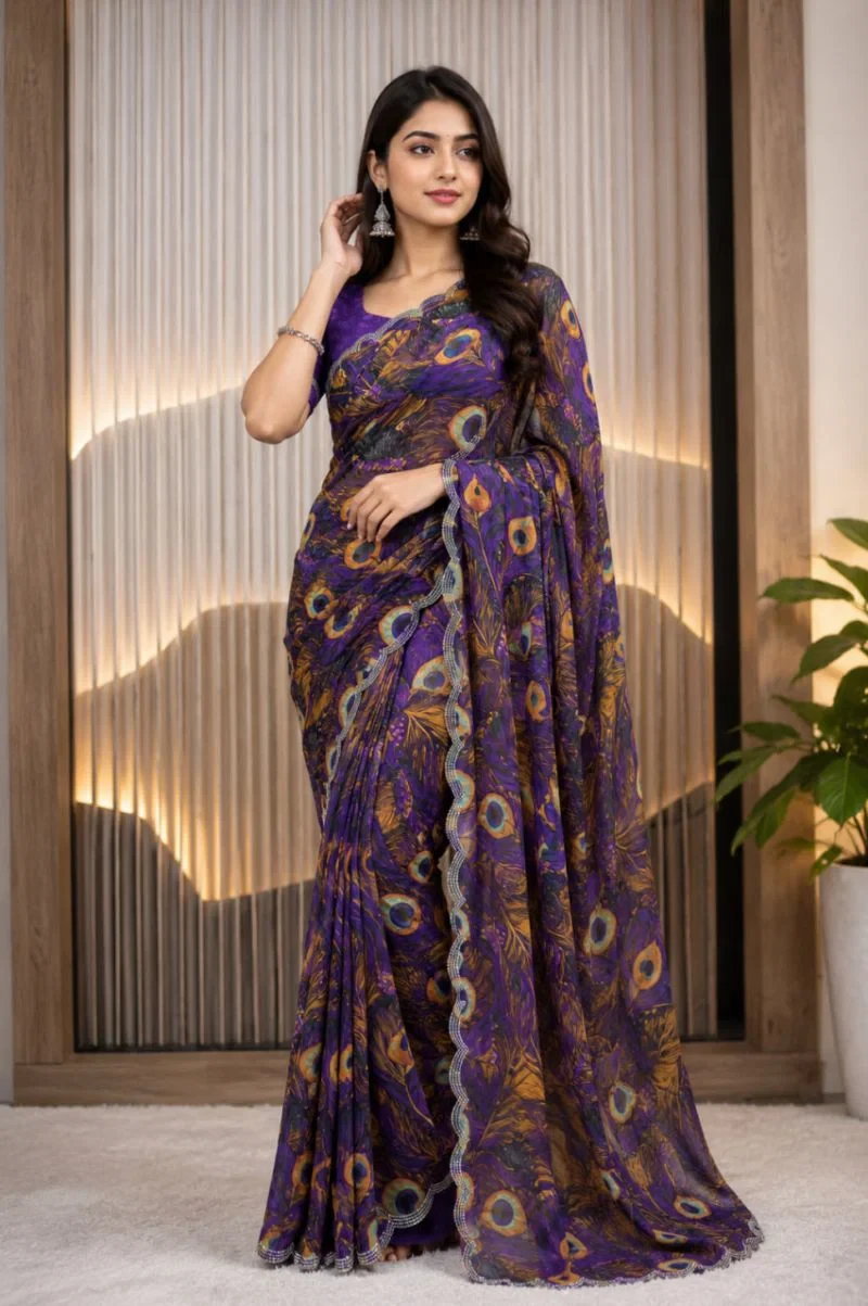 St D No 155 a Soft Faux Georgette Peacock Digital Printed Saree